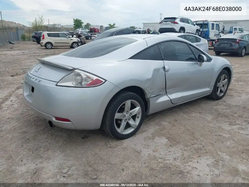 2008 Mitsubishi Eclipse Gs VIN: 4A3AK24F68E038000 Lot: 42248144