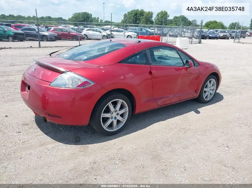 2008 Mitsubishi Eclipse Gs VIN: 4A3AK24F38E035748 Lot: 42655621