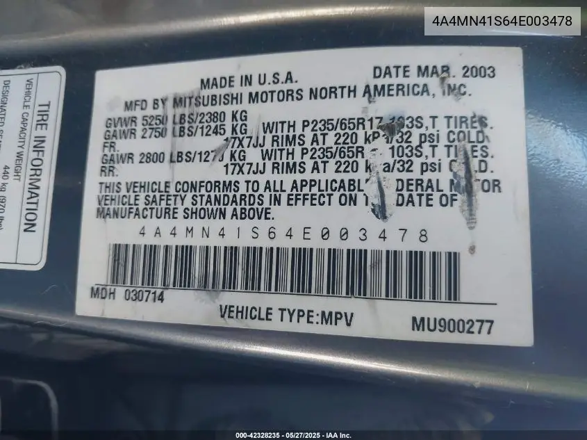 2004 Mitsubishi Endeavor Limited VIN: 4A4MN41S64E003478 Lot: 42328235
