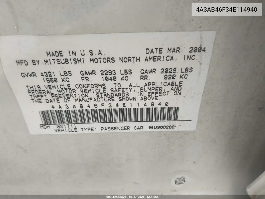 2004 Mitsubishi Galant Es VIN: 4A3AB46F34E114940 Lot: 42488425