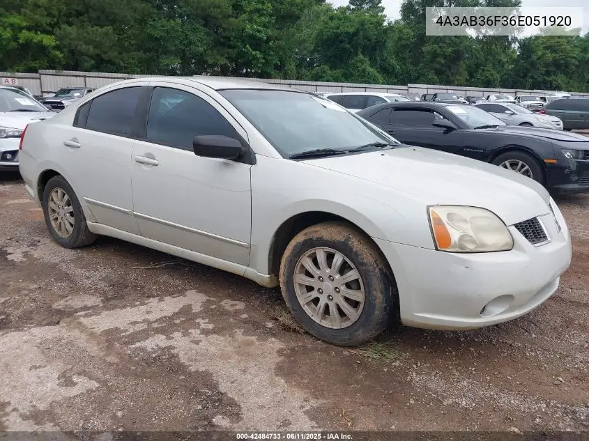2006 Mitsubishi Galant Es/Se VIN: 4A3AB36F36E051920 Lot: 42484733