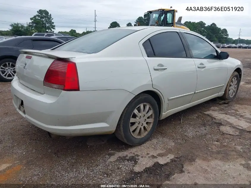 2006 Mitsubishi Galant Es/Se VIN: 4A3AB36F36E051920 Lot: 42484733