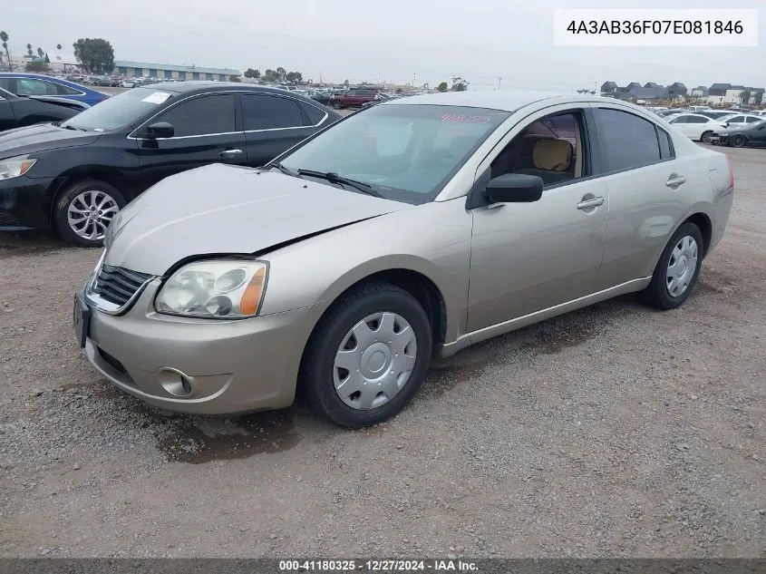 2007 Mitsubishi Galant Es/Se VIN: 4A3AB36F07E081846 Lot: 41180325