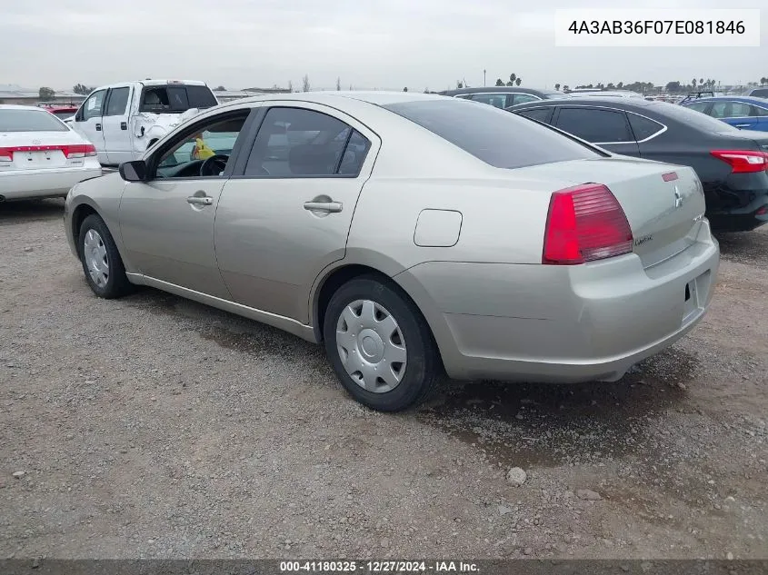 2007 Mitsubishi Galant Es/Se VIN: 4A3AB36F07E081846 Lot: 41180325