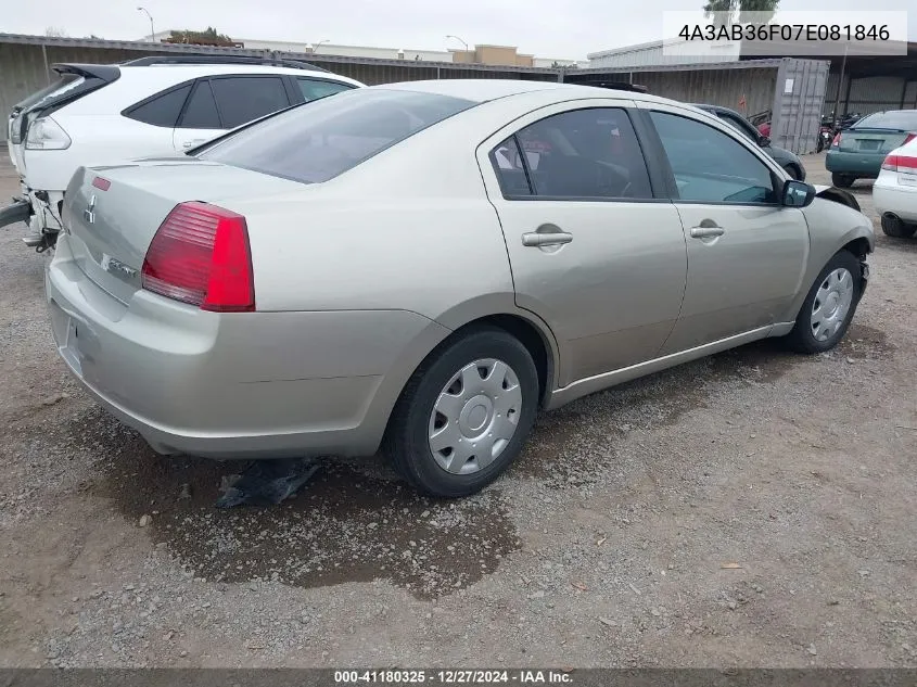 2007 Mitsubishi Galant Es/Se VIN: 4A3AB36F07E081846 Lot: 41180325
