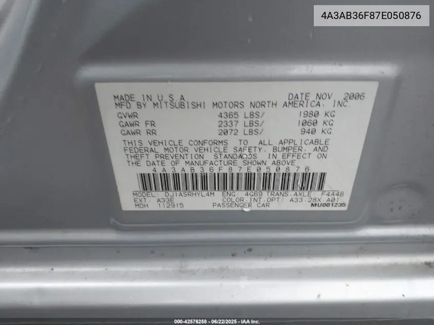 2007 Mitsubishi Galant Es/Se VIN: 4A3AB36F87E050876 Lot: 42576258