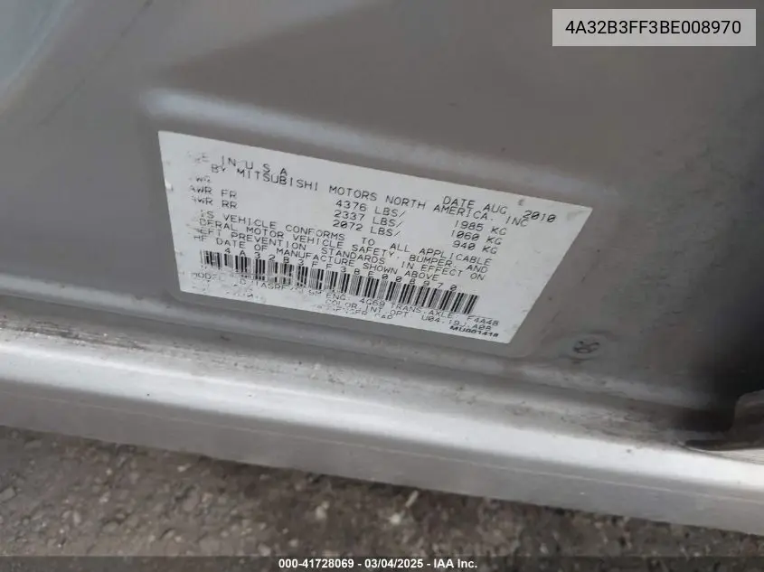 2011 Mitsubishi Galant Es/Se VIN: 4A32B3FF3BE008970 Lot: 41728069