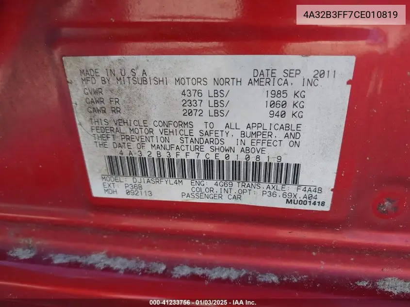 2012 Mitsubishi Galant Es/Se VIN: 4A32B3FF7CE010819 Lot: 41233756