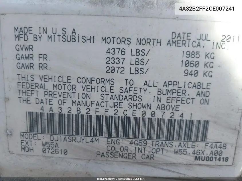 2012 Mitsubishi Galant Fe VIN: 4A32B2FF2CE007241 Lot: 42438828