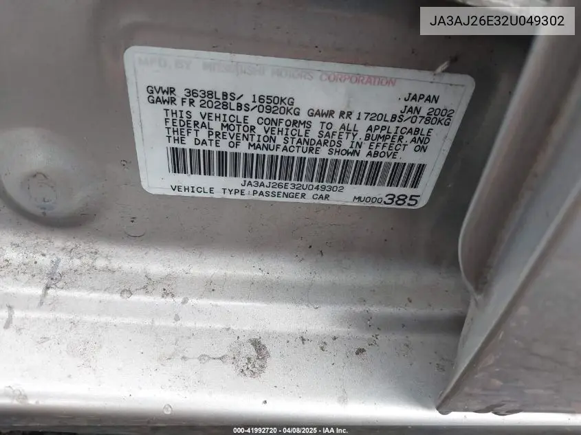 2002 Mitsubishi Lancer Es VIN: JA3AJ26E32U049302 Lot: 41992720