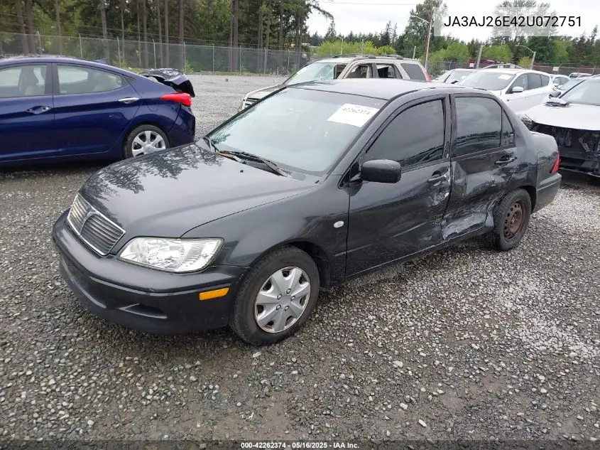2002 Mitsubishi Lancer Es VIN: JA3AJ26E42U072751 Lot: 42262374