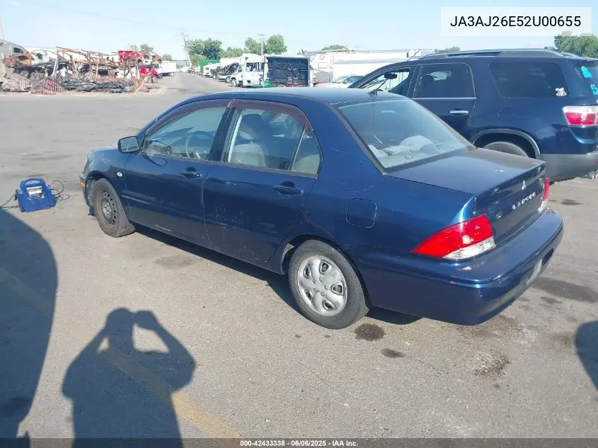 2002 Mitsubishi Lancer VIN: JA3AJ26E52U00655 Lot: 42433338