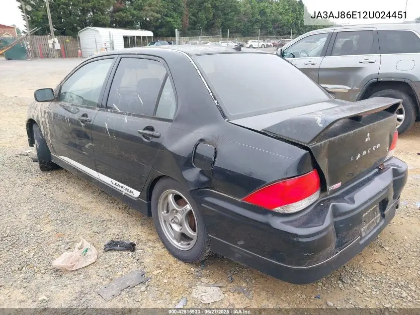 2002 Mitsubishi Lancer Oz Rally VIN: JA3AJ86E12U024451 Lot: 42615933