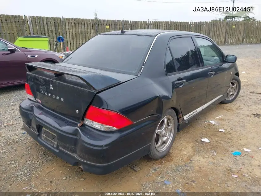 2002 Mitsubishi Lancer Oz Rally VIN: JA3AJ86E12U024451 Lot: 42615933