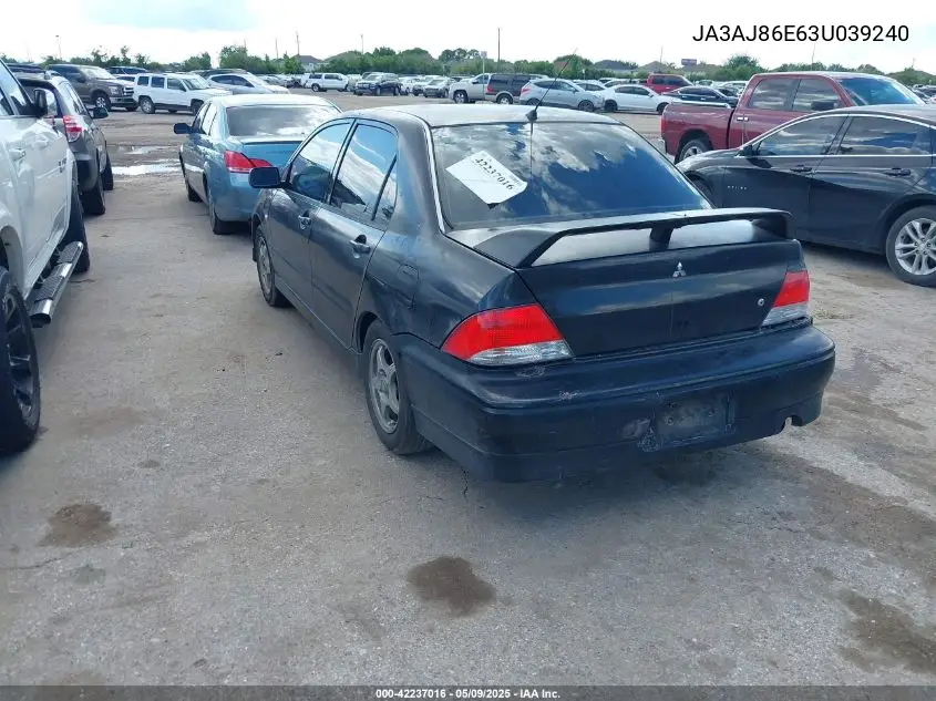 2003 Mitsubishi Lancer Oz Rally VIN: JA3AJ86E63U039240 Lot: 42237016