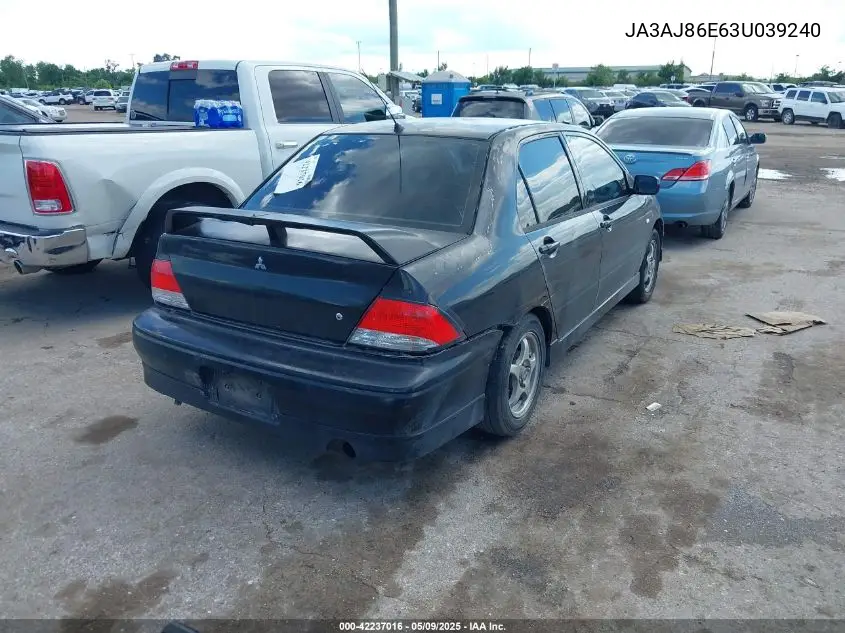 2003 Mitsubishi Lancer Oz Rally VIN: JA3AJ86E63U039240 Lot: 42237016