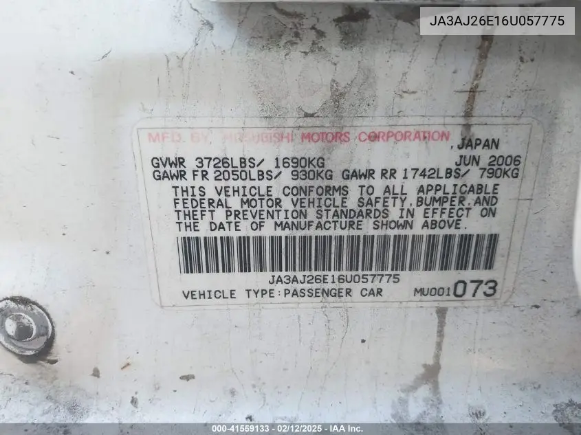 2006 Mitsubishi Lancer Es/Se VIN: JA3AJ26E16U057775 Lot: 41559133