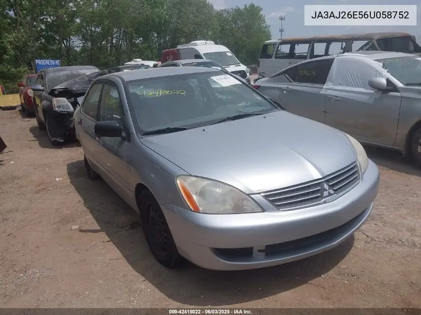 2006 Mitsubishi Lancer Es/Se VIN: JA3AJ26E56U058752 Lot: 42418022