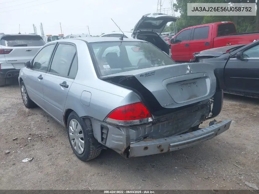 2006 Mitsubishi Lancer Es/Se VIN: JA3AJ26E56U058752 Lot: 42418022