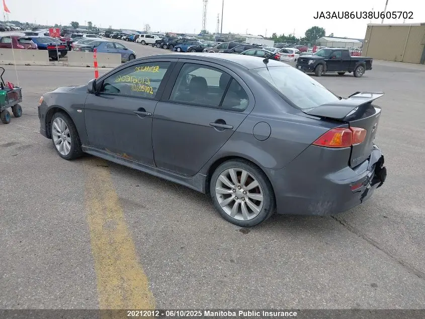 2008 Mitsubishi Lancer Gts VIN: JA3AU86U38U605702 Lot: 20212012