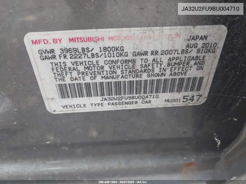 2011 Mitsubishi Lancer Es VIN: JA32U2FU9BU004710 Lot: 42613003