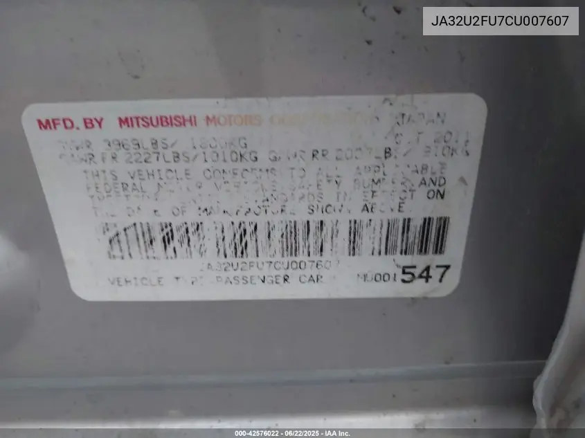2012 Mitsubishi Lancer Es VIN: JA32U2FU7CU007607 Lot: 42576022