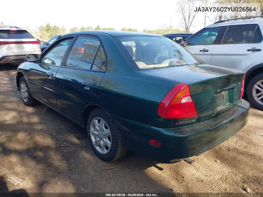 2000 Mitsubishi Mirage De VIN: JA3AY26C2YU026564 Lot: 42139336