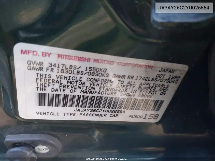 2000 Mitsubishi Mirage De VIN: JA3AY26C2YU026564 Lot: 42139336