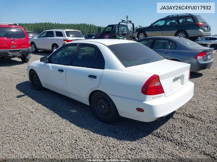 2000 Mitsubishi Mirage De VIN: JA3AY26C4YU017932 Lot: 42431603