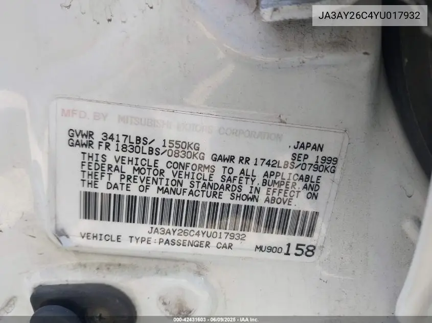 2000 Mitsubishi Mirage De VIN: JA3AY26C4YU017932 Lot: 42431603