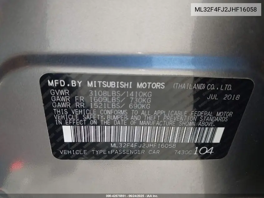 2018 Mitsubishi Mirage G4 Se VIN: ML32F4FJ2JHF16058 Lot: 42575551