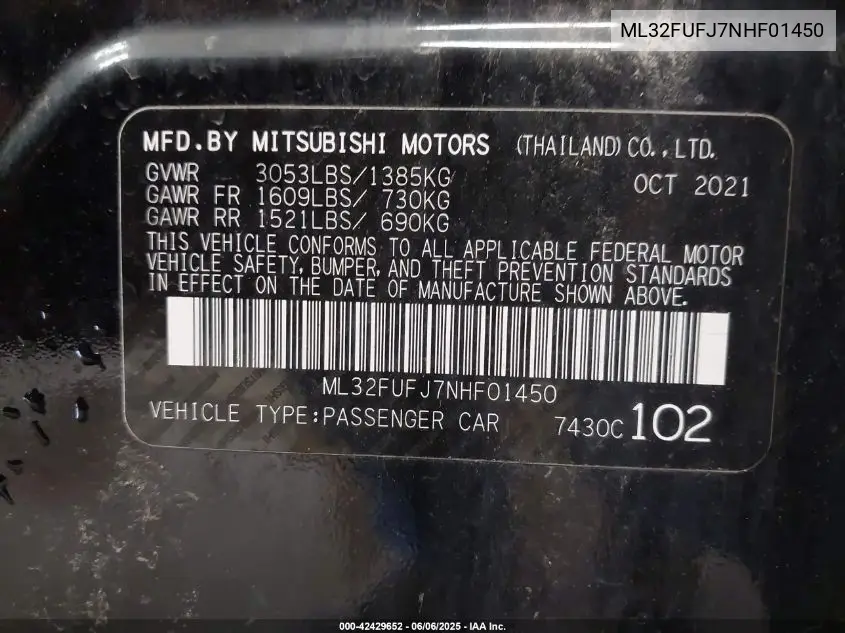 2022 Mitsubishi Mirage G4 Es VIN: ML32FUFJ7NHF01450 Lot: 42429652