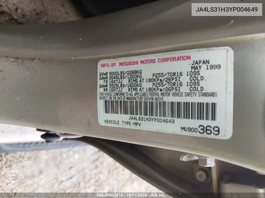 2000 Mitsubishi Montero Sport Ls/Sport Xls VIN: JA4LS31H3YP004649 Lot: 40502515