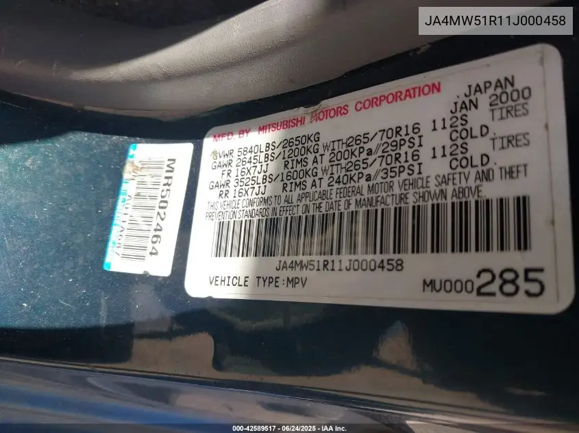 2001 Mitsubishi Montero Limited VIN: JA4MW51R11J000458 Lot: 42589517