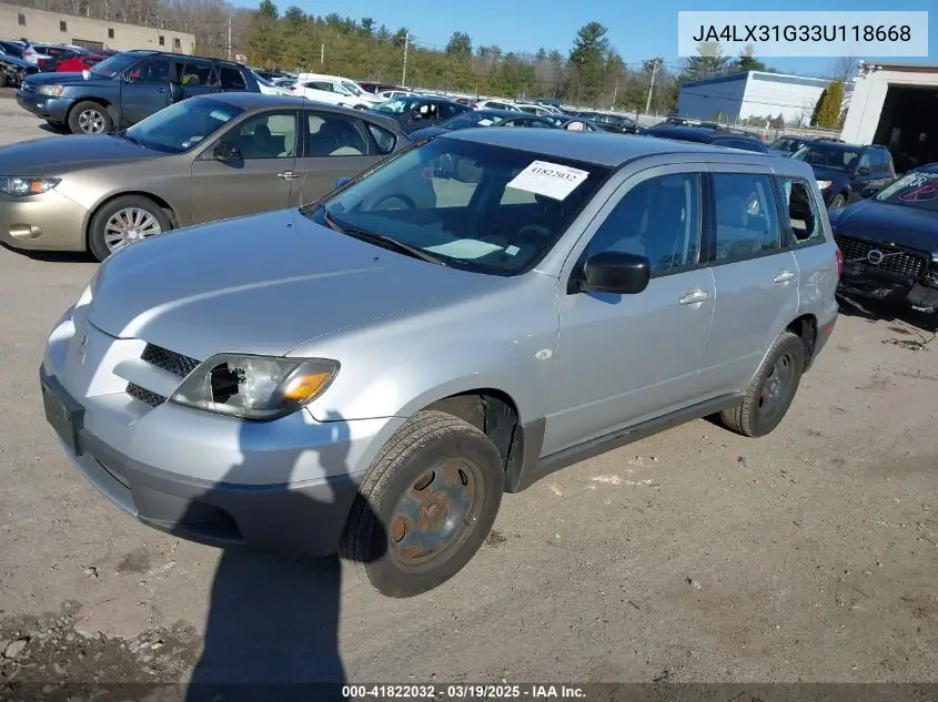 2003 Mitsubishi Outlander Ls VIN: JA4LX31G33U118668 Lot: 41822032