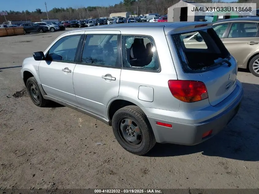 2003 Mitsubishi Outlander Ls VIN: JA4LX31G33U118668 Lot: 41822032