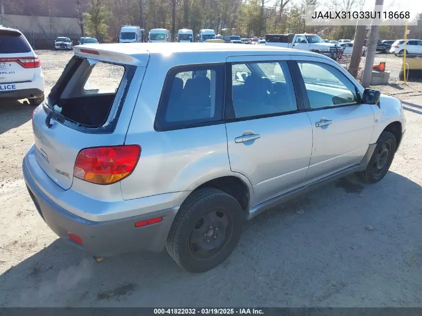 2003 Mitsubishi Outlander Ls VIN: JA4LX31G33U118668 Lot: 41822032