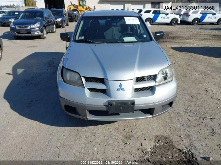 2003 Mitsubishi Outlander Ls VIN: JA4LX31G33U118668 Lot: 41822032