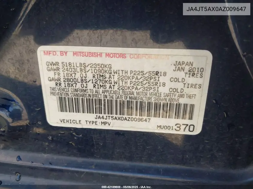 2010 Mitsubishi Outlander Gt VIN: JA4JT5AX0AZ009647 Lot: 42189808