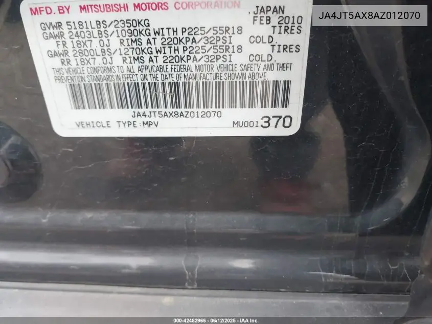 2010 Mitsubishi Outlander Gt VIN: JA4JT5AX8AZ012070 Lot: 42482966