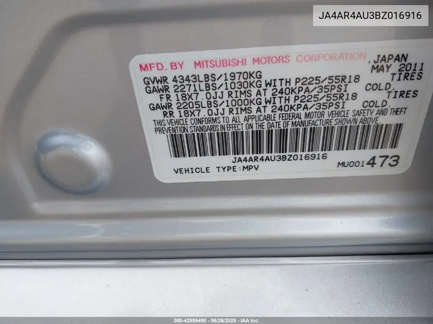 2011 Mitsubishi Outlander Sport Se VIN: JA4AR4AU3BZ016916 Lot: 42595490