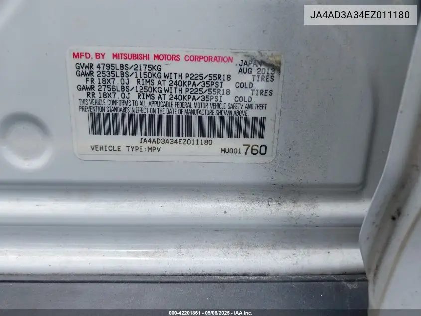 2014 Mitsubishi Outlander Se VIN: JA4AD3A34EZ011180 Lot: 42201861