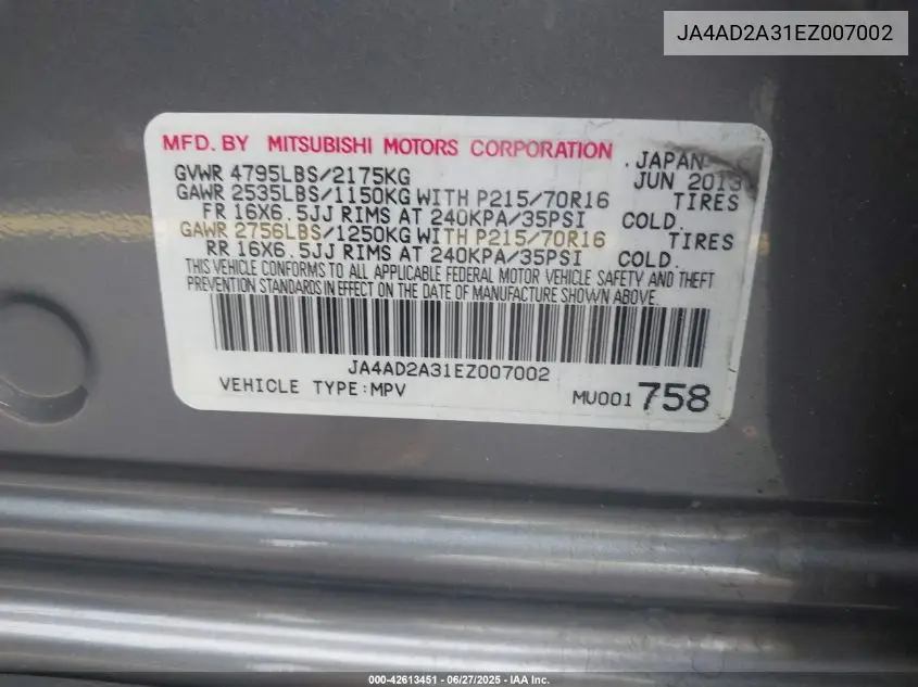 2014 Mitsubishi Outlander Es VIN: JA4AD2A31EZ007002 Lot: 42613451