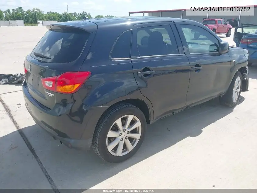 2014 Mitsubishi Outlander Sport Es VIN: 4A4AP3AU3EE013752 Lot: 42716321