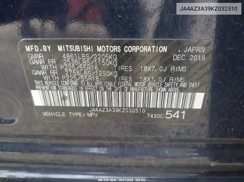 2019 Mitsubishi Outlander Es VIN: JA4AZ3A39KZ032510 Lot: 42615646