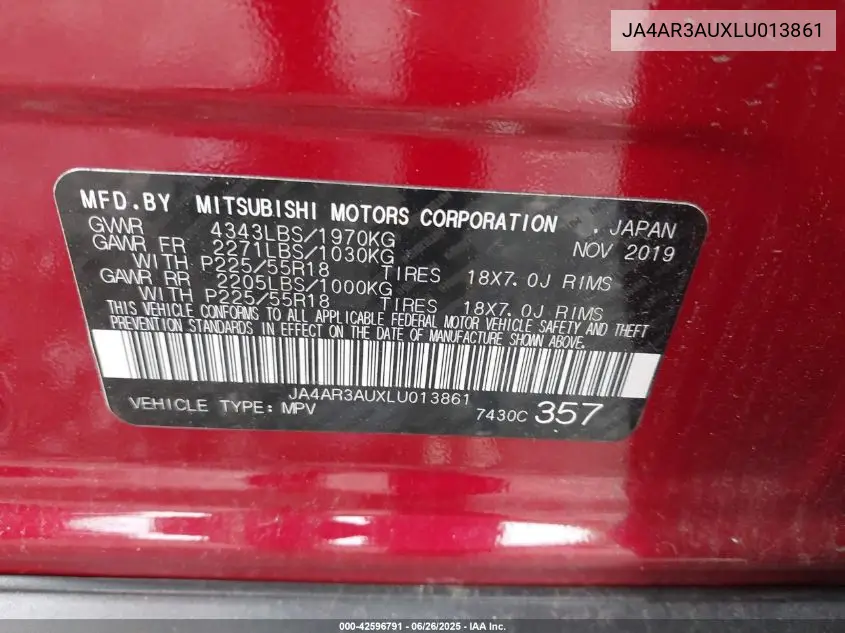 2020 Mitsubishi Outlander Sport 2.0 Es Awc VIN: JA4AR3AUXLU013861 Lot: 42596791