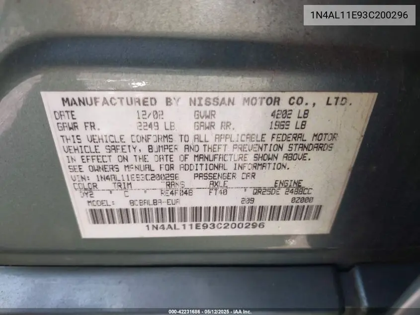 2003 Nissan Altima 2.5 S VIN: 1N4AL11E93C200296 Lot: 42231686