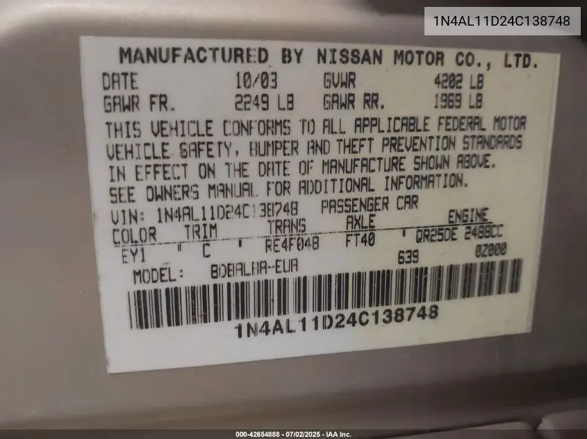 2004 Nissan Altima 2.5 S VIN: 1N4AL11D24C138748 Lot: 42654888