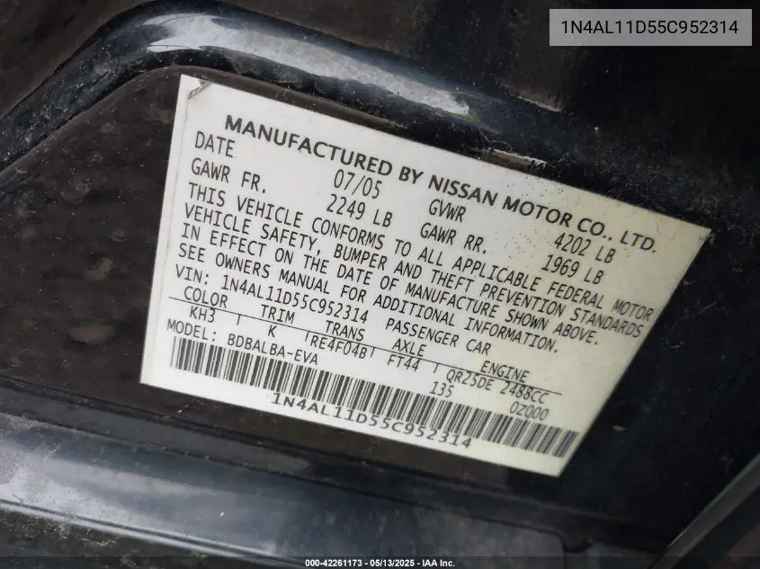 2005 Nissan Altima 2.5 S VIN: 1N4AL11D55C952314 Lot: 42261173