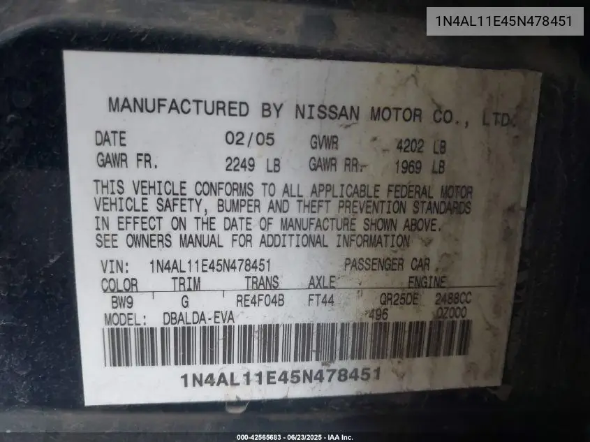 2005 Nissan Altima 2.5 S VIN: 1N4AL11E45N478451 Lot: 42565683